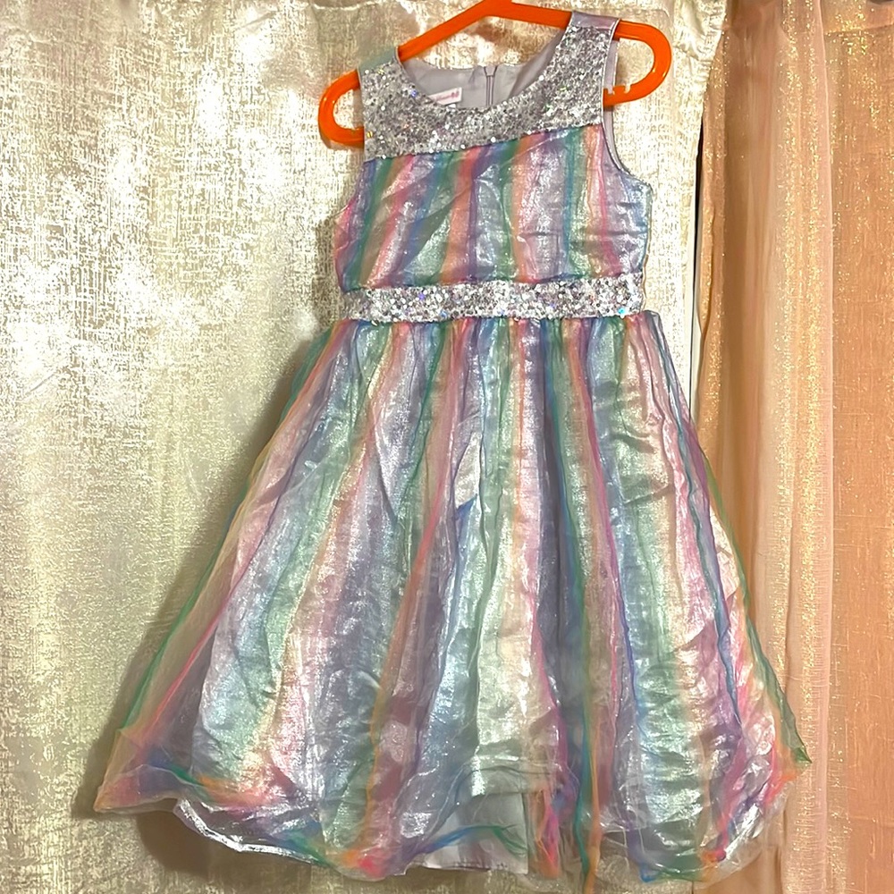 Bonnie Jean chrome holographic sequined rainbow dress with tulle skirt